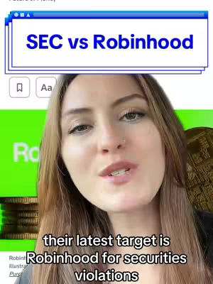 A woman is centered in a selfie-style video, with text overlays and a background related to crypto. The woman has long, light brown hair and is facing the camera. Above her, a text overlay reads SEC vs Robinhood within a blue rectangle, while there are more texts at the bottom of the screen. The background is a bright green graphic with the logo of Robinhood.