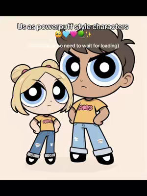 The image showcases two cartoon characters in the style of the Powerpuff Girls, a girl and a boy posed next to each other. They are designed in a Powerpuff Girls style, with large eyes and simplified features. The characters wear similar outfits: jeans paired and yellow tops with the word "PMIS" on them. The background is a light peachy pink.