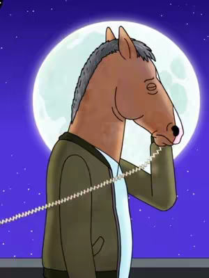 The cover image features a cartoon character, BoJack Horseman, in a scene from the animated series. It depicts a horse-like figure with a human-like body holding a phone to his ear. The background shows a large moon and a dark blue starry sky. The character is wearing a jacket and the color palette is muted.