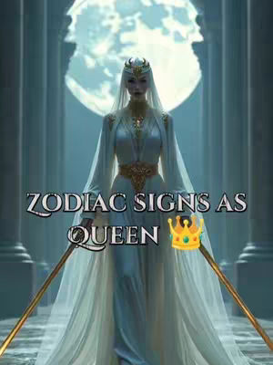 The cover image features a woman in a white gown with a crown, holding golden scepters. A large moon is visible in the background, and text overlays read 'ZODIAC SIGNS AS QUEEN' with a crown emoji.