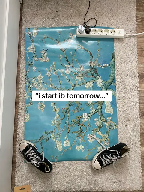 A top-down shot features a large poster of Van Gogh's 'Almond Blossoms' artwork, resting on a light-colored rug. Black Converse sneakers are positioned below the poster. A white power strip with items plugged into it is placed on the top part of the image.