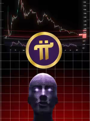 The cover image shows a digital rendering of a human-like face created from many small spheres. The face has glowing white eyes, with a dark grid pattern overlaying a red background. Atop the face is the Pi Network logo, and above that is a chart depicting a declining trend. The image has a dark, almost futuristic aesthetic.