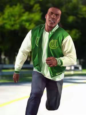 A digitally rendered image of a Black man running forward, captured from the knees up. He wears a white t-shirt, dark blue jeans, with a varsity jacket in white and green with the letter 'U' displayed. The background suggests an outdoor setting with blurred greenery.
