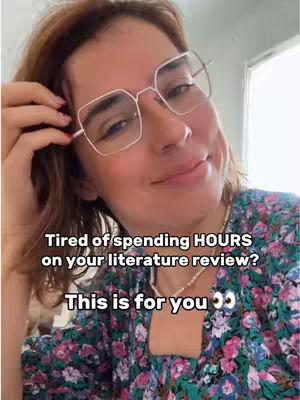 A close-up shot of a woman with fair skin and light brown hair, wearing square-framed glasses and a floral top. She's holding her left hand near her hair, with a soft smile. Text overlays are present.