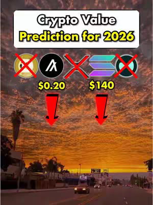 The cover image depicts a sunset over a road with cars. In the sky, there's a banner proclaiming "Crypto Value Prediction for 2026". Below various crypto logos are displayed with crossed-out marks. Arrows point down towards values like "$0.20" and "$140".