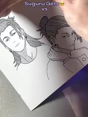 The image shows two detailed pen drawings of anime-style male characters on white paper. The left drawing depicts a character with long, flowing hair and an earring. The right drawing shows a similar character with short hair, holding his hand to his face. Text overlays the image.