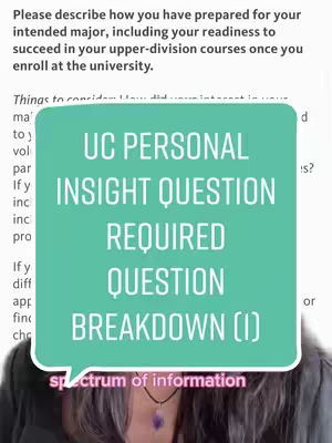 The cover image features a woman, with a speech bubble overlaid on her. The speech bubble is a light teal color and contains white text that reads "UC PERSONAL INSIGHT QUESTION REQUIRED QUESTION BREAKDOWN (I)". The woman is wearing a black top and a necklace with a purple pendant is visible. The background includes the text of an application with headings.