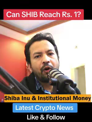 The image shows a man speaking into a microphone, formatted for a video cover. The background is a blurred view of a room with a reddish wall. Text overlays include a question about the potential value of a specific cryptocurrency and a message to like and follow.