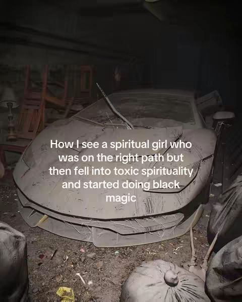 A wrecked, dirty sports car sits in a dark garage. Text is overlaid on the car, describing a spiritual person's journey into 'toxic spirituality' and black magic.