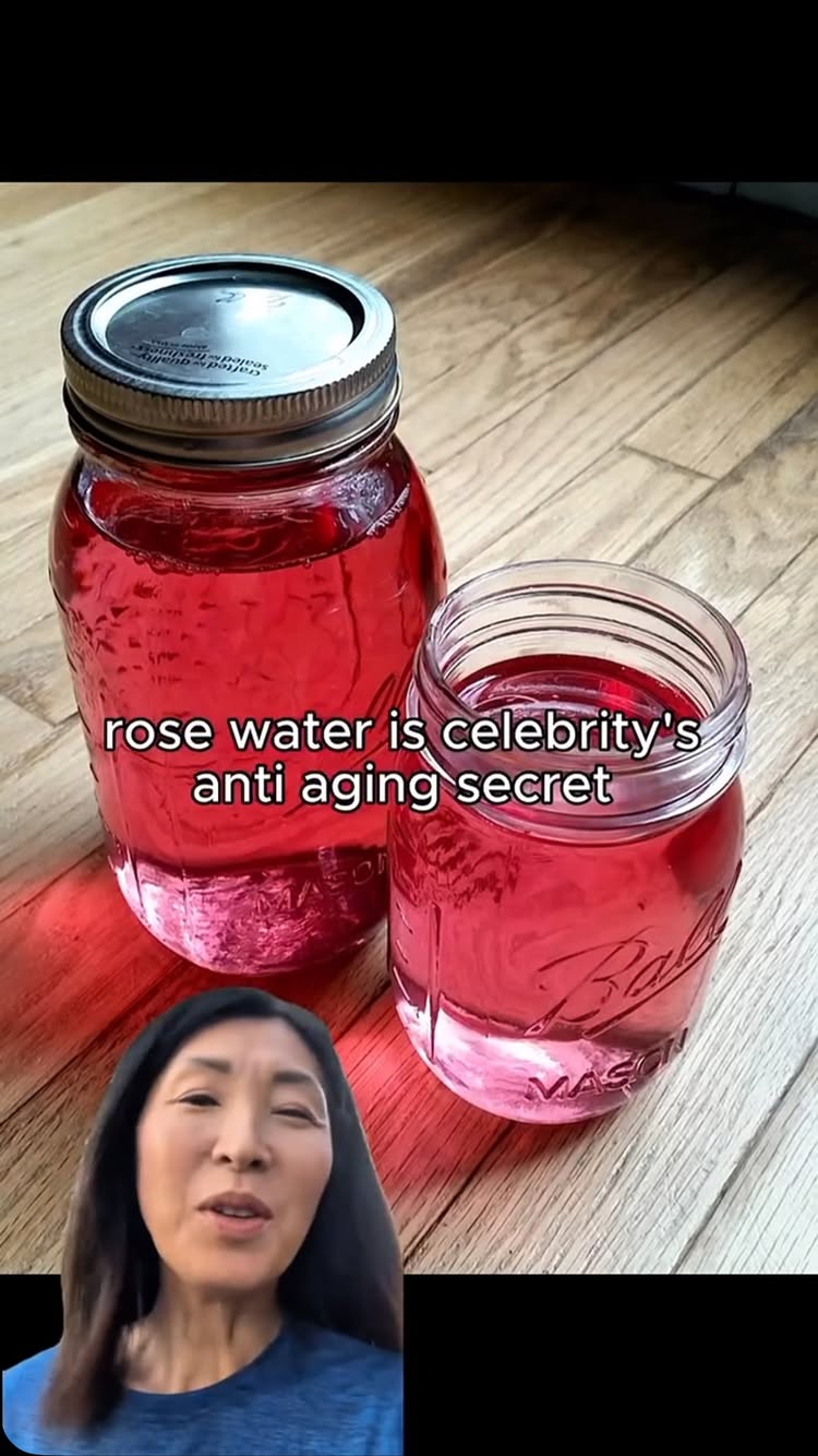 The image features two mason jars filled with a pink liquid, possibly rose water. The jars are set on a wooden surface, with the larger jar in the background and a smaller one in the foreground. A woman's face is visible in the lower part of the image. Text overlayed on the image reads, 'rose water is celebrity's anti aging secret'.
