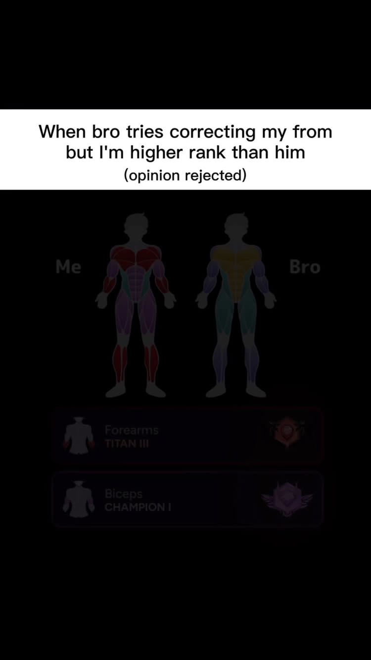 The image features a dark background with a split-screen presentation. On the left, text labels 'Me' above a body diagram with colored muscle highlighting. The diagram shows a person with highlighted muscles, while on the right, labeled 'Bro,' is another diagram with different muscle highlighting. Below each diagram are text callouts, and a black text overlay lists a message referencing gym comparisons. The background is all black, with a dark color scheme.