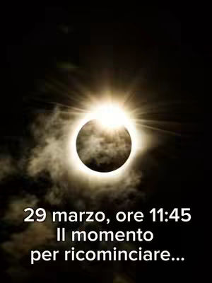 The cover image shows a solar eclipse, with the sun's corona visible around a dark, eclipsed sun. Text overlays indicate the date and a call to action about a new beginning.