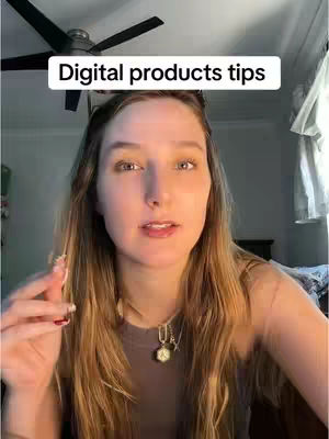 A woman with long blonde hair is centered in the frame, looking directly at the camera. Above her head in a white bar, the text 'Digital products tips' is displayed. The background shows a ceiling fan and a portion of a room with a bed and window.