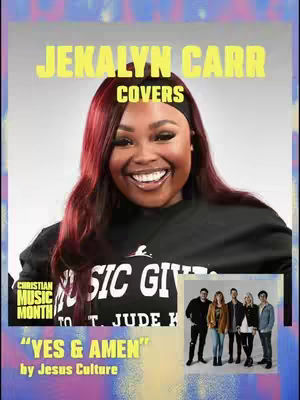 The cover image features a smiling woman of color with long red hair. Text overlays include the name "JEKALYN CARR" and the word "COVERS." A logo for "CHRISTIAN MUSIC MONTH" is visible in the corner. A smaller image inset shows a group of people.