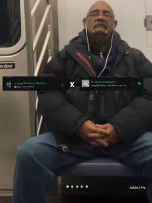 The cover image shows a man listening to music on a train. He's wearing a black jacket, glasses, and earphones, and is sitting with his hands clasped in his lap. Overlayed are music track listings and the Spotify logo.