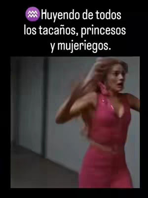 The cover image is a screenshot from a film, set in a gray-walled interior. A woman wearing a pink low-cut dress is running toward the left, her expression conveys strong emotion. A text overlay in the upper section announces a zodiac-related message.