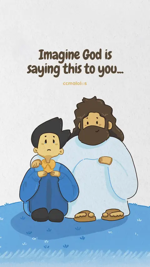 An illustrated image of two cartoon figures: a younger person in blue clothing, and an adult figure in white robes with a brown beard hugging from the side. The background is a white textured surface with green grass-like elements below.