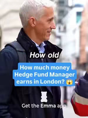 A man with short silver hair, wearing a dark jacket, is walking and looking to the left. Overlayed text in various fonts and a blue box poses questions about money and finance.