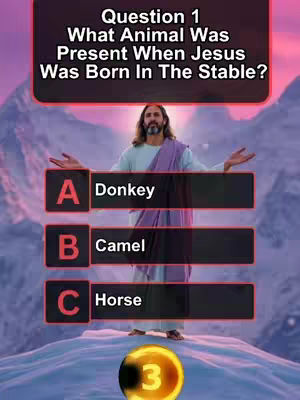The cover image is a digital illustration of a Bible quiz. The upper portion shows a title in a dark, stylized rectangular box against a purple sky and mountain background. Below, a figure of Jesus with outstretched arms, wearing a purple robe is centered above three answer options each with a corresponding letter ('A', 'B', 'C') and a potential answer in boxes in black color. A golden orb with a number '3' sits at the bottom.