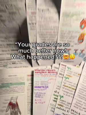 The image shows a close-up of pages of handwritten notes. The notes are on various papers and include diagrams, equations, and text in different handwriting styles and colors. There is a text overlay in the image. The image is slightly blurred, which focuses the view on the notes.