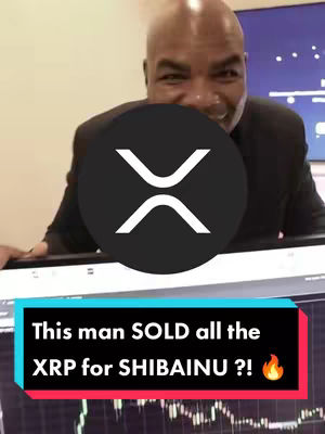 A man with a bald head is smiling at the camera, positioned in front of a screen displaying financial charts. A large black circular graphic with the XRP symbol covers part of his face. A rectangular text overlay at the bottom reads, 'This man SOLD all the XRP for SHIBAINU ?!' with a flame emoji.