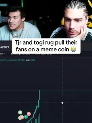 The cover image features two men looking at a screen. A text overlay at the top says, "Tjr and togi rug pull their fans on a meme coin." Below this, a chart shows a sharp, vertical drop, indicating a market crash. The men appear concerned or surprised.