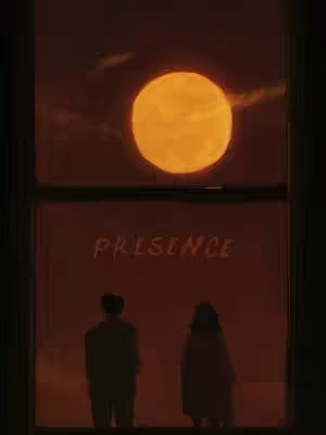 An artistic silhouette view through a window. A couple stands in the foreground, their backs to the viewer, gazing at a large, bright orange circle in the sky, likely the sun or moon, which is framed in the window. The word "PRESENCE" is arched across the middle. The overall aesthetic is warm-toned and contemplative, suggesting a scene of serene observation.