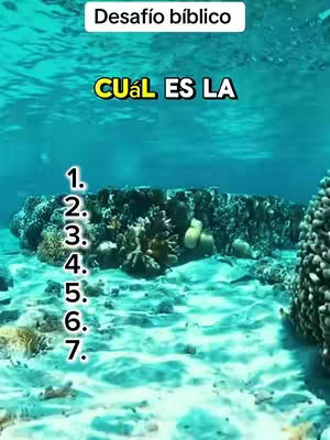 The image shows an underwater scene with the text overlay. The background is a clear blue-green of water. The foreground features a large rock or coral formation, with various question elements and lines. Overlayed text elements are used to create a quiz.