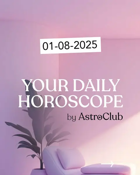 The image features a softly lit room with a pastel purple background. In the foreground, there is an elegant white chaise lounge with a pink cushion, positioned next to a large potted plant. The text overlay includes the date '01-08-2025' in a white rectangular box at the top, and the text 'YOUR DAILY HOROSCOPE by AstroClub' in a stylish, sans-serif font below. Overall, the composition creates a sense of calm and sophistication.