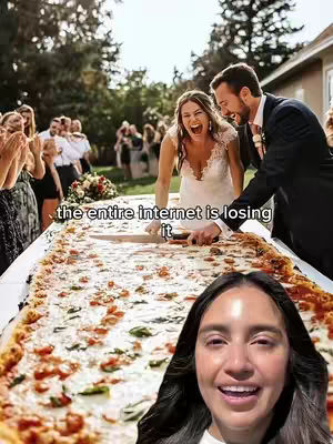 The cover image shows a wedding scene with a massive pizza taking the place of a traditional wedding cake. The bride and groom are cutting the pizza with the bride in the forefront smiling. The creator's face is in the corner of the frame.