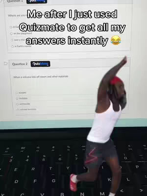 A person is dancing towards the right, arms up, in front of a laptop that displays a quiz question on the screen. The text overlay indicates the video is about quickly getting quiz answers.