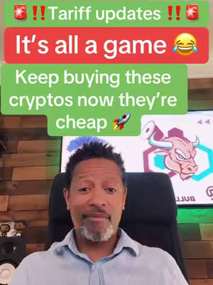 A man is seated in front of a camera, with text bubbles overlaid on the image. The text bubbles contain messages related to buying cryptocurrencies, highlighting a logo of a bull. Behind him is a partial view of a screen or sign with the word BULL in view.