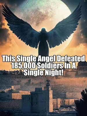 A vertically oriented, digitally created image with a dramatic, imposing composition. The background features a large, bright, full moon casting a warm, yellow light across a landscape dominated by a silhouetted angel with outstretched wings. Below the angel is a cityscape of buildings and structures. Superimposed on the image are the words "This Single Angel Defeated 185,000 Soldiers In A Single Night!" in bold, white text, emphasizing the central theme of the image.