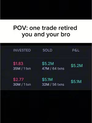 The cover image shows a black background with white text overlaid. The text reads 'POV: one trade retired you and your bro'. Below the text, a table is displayed with headers 'INVESTED', 'SOLD', and 'P&L'. The table contains financial figures with the values in the sold column being in millions. The image is dark and focuses on the financial data.