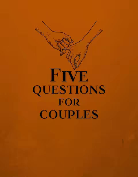 An illustration on an orange background depicting two hands coming together, as if holding each other's pinky fingers. Below the hands, white text spells out 'FIVE QUESTIONS FOR COUPLES'.