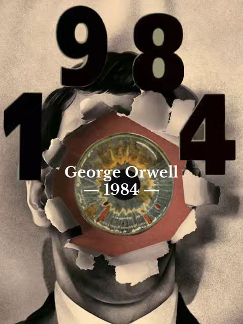 The cover image is a visual representation of the novel '1984' by George Orwell. It uses a distressed, collage-like aesthetic. The central element is a realistic eye, with a detailed iris and pupil, encased within a torn or ripped paper effect, suggesting surveillance. Above the torn area, the numbers '1', '9', '8', and '4' are placed to form the year. Below the eye, the text in a minimal way: 'George Orwell - 1984'. The overall color scheme is muted with shades of gray, brown, and red emphasizing a somber or dystopian mood. The image aims to capture the essence of the novel.