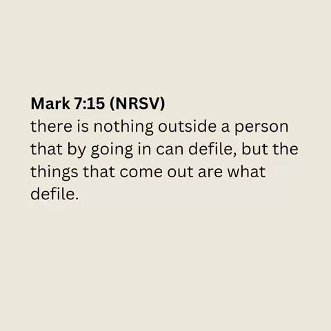 The cover image is a simple text overlay on a light beige background. The text includes a Bible verse reference (Mark 7:15), with the verse itself in black font. The overall composition is clean and straightforward, highlighting the text with a neutral color palette.