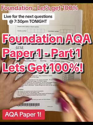 The image features a document with text and equations, held by a person with polished nails. Text overlays in bright colors highlight the topic: 'Foundation - Let's get 100%,' with a call for a live session at '7:30pm TONIGHT.' The overall composition is focused on educational content for a GCSE exam.