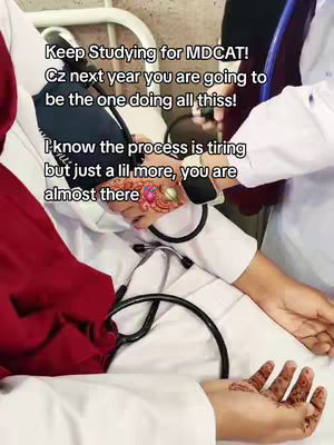 The image shows a medical professional taking a patient's blood pressure. The person whose blood pressure is being taken has henna on their hand. Text overlayed on the image urges viewers to keep studying for an exam.