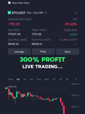 A screenshot of a trading interface, with a dark background and financial data displayed. The top portion has a trading pair (BTCUSDT), leverage, and other trading metrics. The bottom includes a real-time chart showing price fluctuations. A large text overlay highlights “300% PROFIT LIVE TRADING…”.