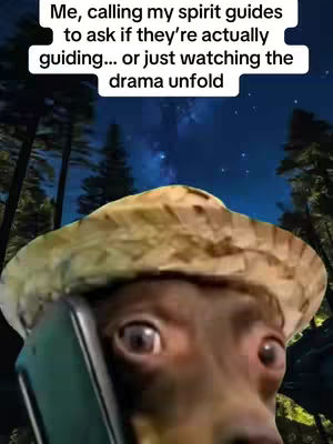 A dog with a hat is holding a phone up to its face, with wide eyes looking at the camera. Text is overlaid at the top: “Me, calling my spirit guides to ask if they're actually guiding… or just watching the drama unfold”, while trees and a starry night sky are in the background.