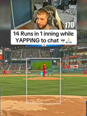 The cover image is a split view, with a top portion showing the creator in a livestream setup and a bottom portion displaying a baseball game simulation. The creator is wearing headphones and looking at the screen. The game scene occupies the lower two-thirds of the image, with a baseball field visible. Text overlay is present in the middle, along with a number.