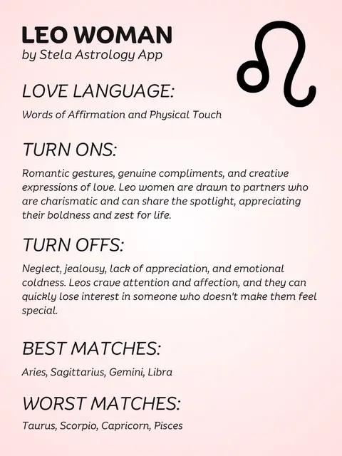 A vertically-oriented graphic with a pastel pink background. At the top, the title 'LEO WOMAN' is displayed in bold, dark text, followed by the phrase 'by Stela Astrology App'. The text below it provides insights into Leo women, including their love language, what they find attractive, and what they dislike. To the right, a black Leo zodiac symbol is featured. The text is presented in a clean, easy-to-read font.