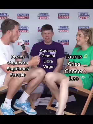 Three people are seated and facing forward. The person in the middle is pointing forward. Three columns of text are added to the image. "Pisces, Capricorn, Sagittarius, Scorpio" appears on the left. "Aquarius, Gemini, Libra, Virgo" is in the center. "Taurus, Aries, Cancer, Leo" is on the right.