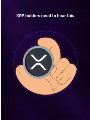 The image shows a hand holding a coin with the XRP logo. The hand is cartoonish, with tan skin and prominent veins. The coin is black with a white XRP symbol inside. The background is a gradient of purple to dark blue, with a circular, lighter purple effect surrounding the coin. Text at the top reads, 'XRP holders need to hear this,' in a sans-serif font.