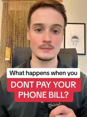 A man is centered in the frame, looking directly at the viewer. He has short brown hair and a mustache. The background consists of a patterned golden curtain. Overlaid on the image are two rectangular text boxes, one white and one red, with text asking about not paying a phone bill.