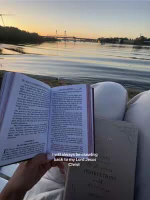 A scenic image of a body of water with a bridge in the background, at sunset. In the foreground, a person is holding an open book with text, with another book beside it. The image has a warm color palette with oranges and blues. A hook text overlay is added.