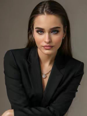 The image is a headshot of a young woman with long brown hair and blue eyes, dressed in a black blazer and a necklace. The background is a solid, neutral color. The woman is looking directly at the camera with a slight smile, showcasing a professional yet approachable appearance. The lighting is soft and even, highlighting her features and the details of her attire.