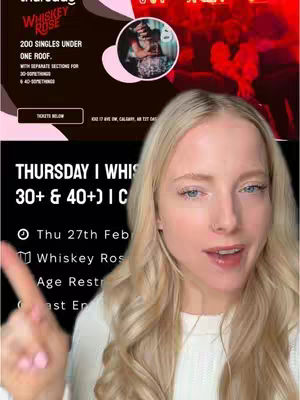 A woman with long blonde hair and a white sweater points at text overlays on a printed promotional graphic while looking at the camera. The text includes event details for a dating event.