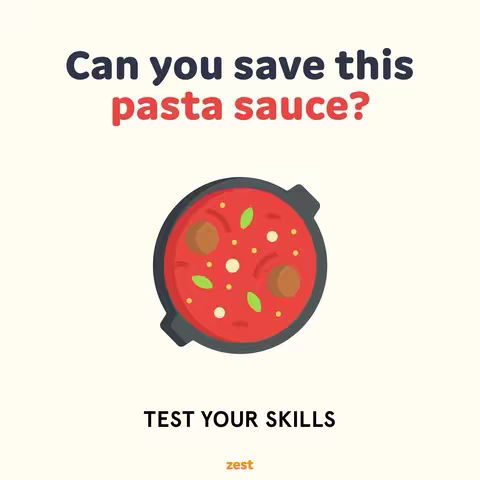 The cover image features a cartoon-style illustration of a pot of pasta sauce, with text overlayed. The background is off-white. A round, black pot is in the center, filled with red sauce, small round meatballs, and green basil leaves. Above the pot, the text 'Can you save this pasta sauce?' is written in a bold, dark blue font. Below this, in the middle is the text 'TEST YOUR SKILLS' in black. The zest logo is located at the bottom.